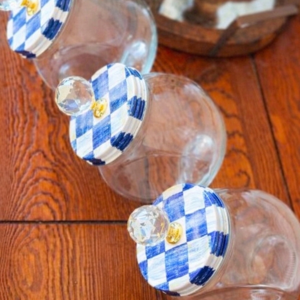 Blue and White Checkered Glass Jars - Picture 2 of 2